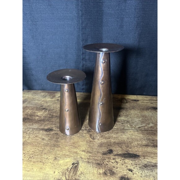 Partylite Copper Metal Taper candle Stick Holders Faux Rivets Design Vtg India - Picture 2 of 11